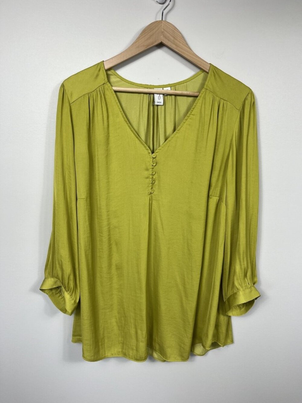 Joie Blouse Womens 1X Green 3/4 Sleeve Top V Neck Lightweight Citron